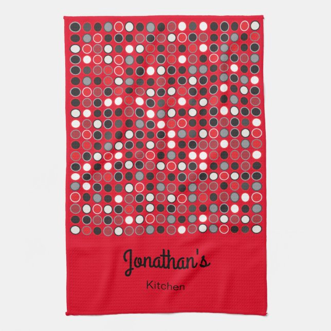 Personalized Red Black And Grey Circles Kitchen Towel (Vertical)
