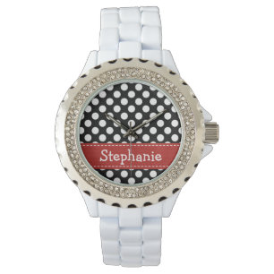 Personalized Red Black and White Polka Dot Watch