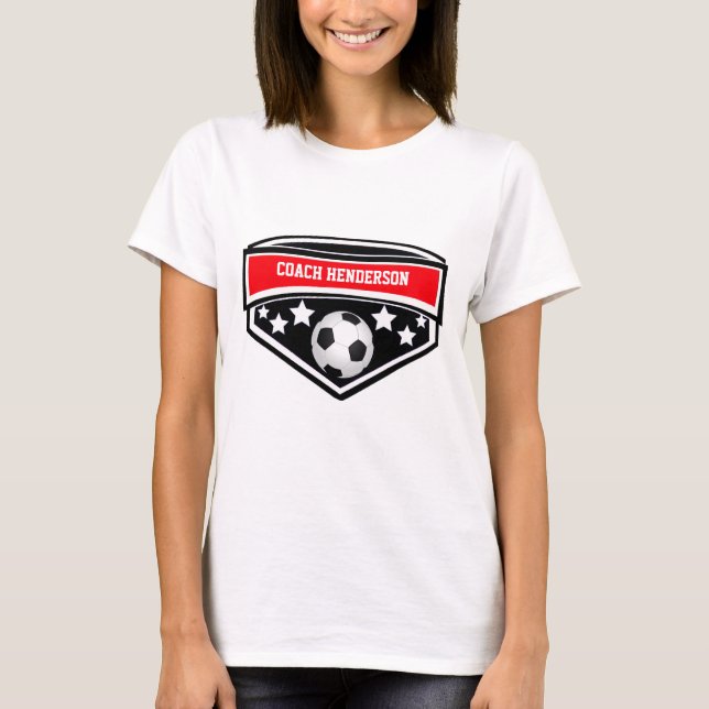 Personalized Red, Black and White Soccer coach T-Shirt (Front)