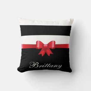 Personalized RED, Black Bold Stripes ELEGANT BOW Throw Pillow