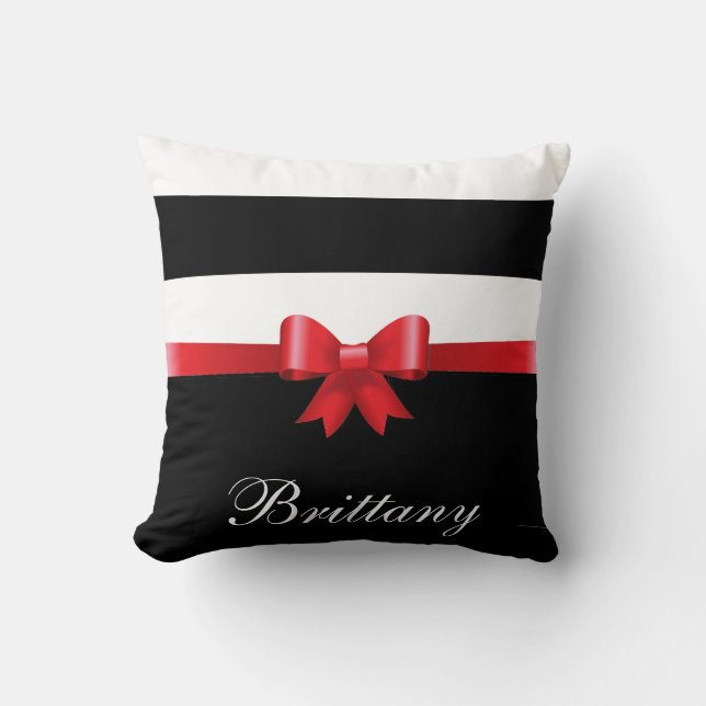 Personalized RED, Black Bold Stripes ELEGANT BOW Throw Pillow (Front)