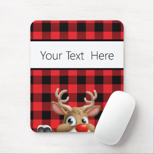 Personalized Red Black Buffalo Check Reindeer Mouse Pad