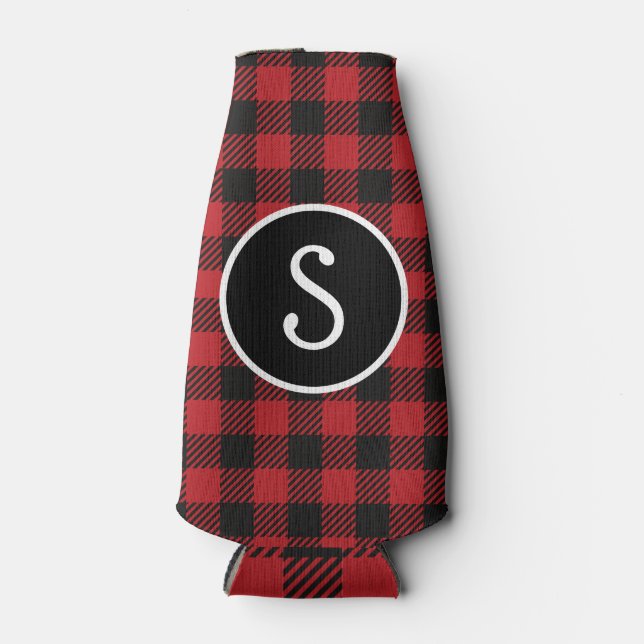 Personalized Red & Black Buffalo Plaid Monogram  Bottle Cooler (Front)
