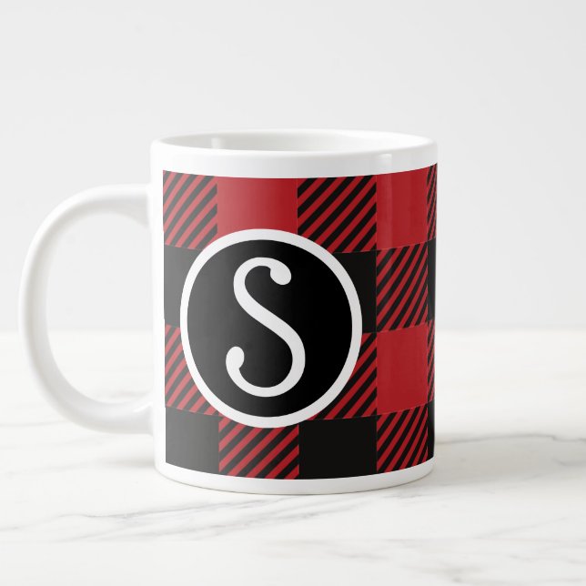 Personalized Red & Black Buffalo Plaid Monogram  Large Coffee Mug (Left)