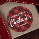Personalized Red Black Christmas Plaid Classic Round Sticker<br><div class="desc">Personalized Red,  Black and White Christmas Plaid Sticker.</div>