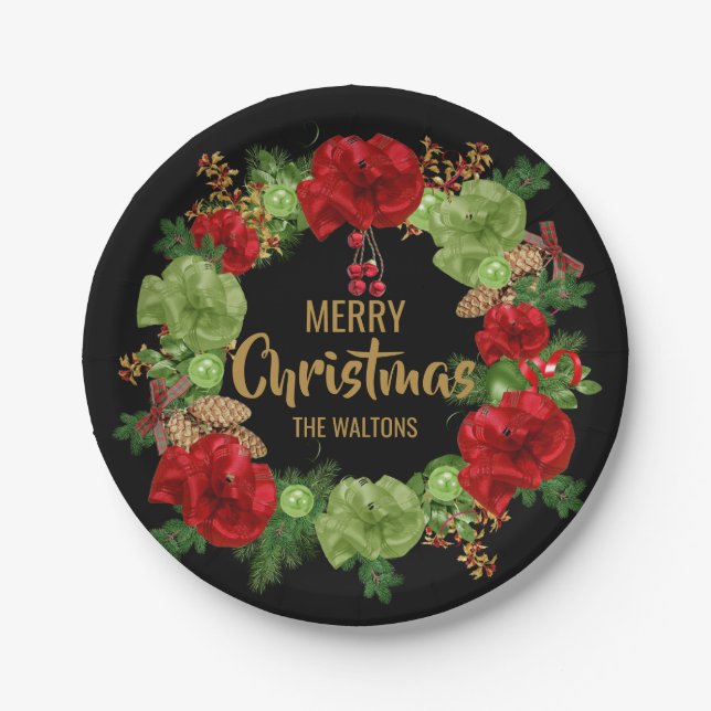 Personalized RED Black Gold MERRY CHRISTMAS Wreath Paper Plate (Front)