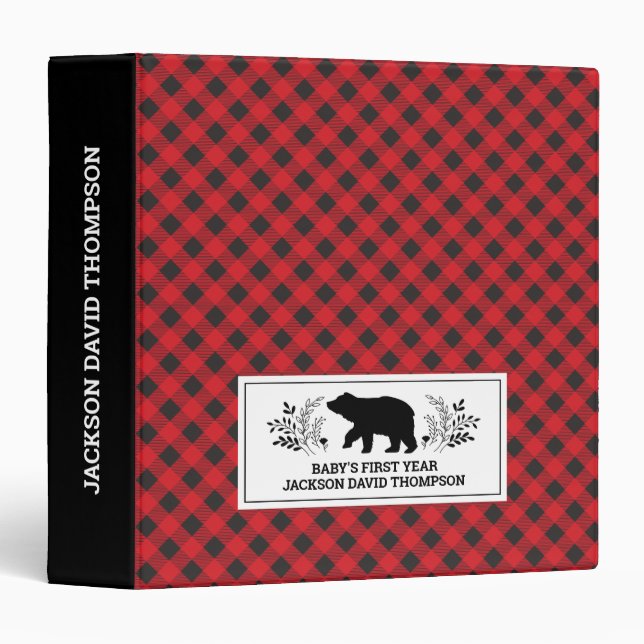 Personalized Red Black Lumberjack Baby Book Binder (Front/Spine)