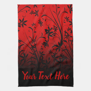 Personalized Red & Black Ombre Floral Kitchen Towel