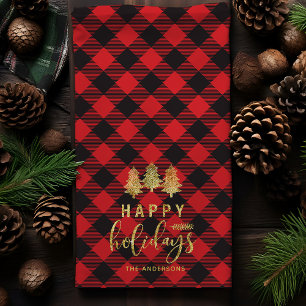 Personalized Red Black Plaid Happy Holidays Kitchen Towel