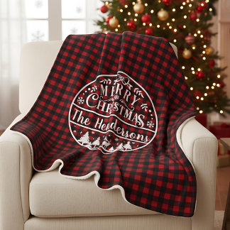 Personalized Red & Black Plaid Merry Christmas Sherpa Blanket