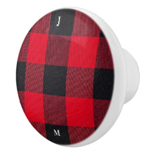 Personalized Red & Black Squares Pattern Ceramic Knob