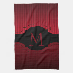 Personalized Red Black Stripes Pattern Monogram Kitchen Towel
