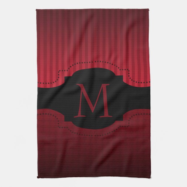 Personalized Red Black Stripes Pattern Monogram Kitchen Towel (Vertical)