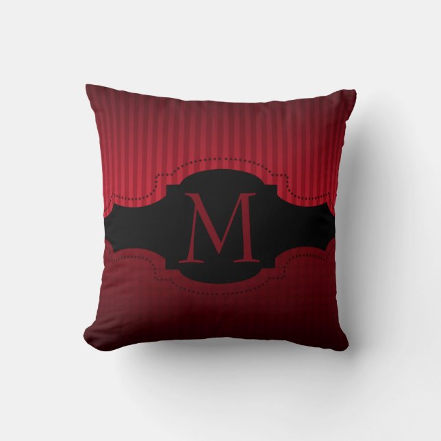 Personalized Red Black Stripes Pattern Monogram Throw Pillow (Front)