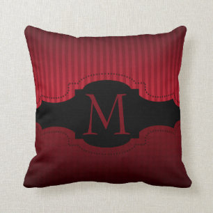Personalized Red Black Stripes Pattern Monogram Throw Pillow