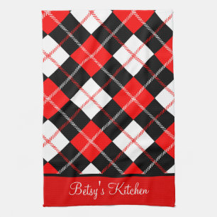 Personalized Red Black White Argyle Plaid  Kitchen Towel