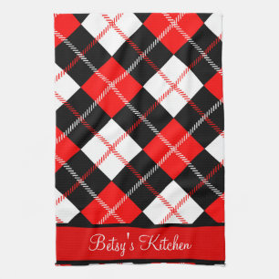 Personalized Red Black White Argyle Plaid  Kitchen Towel