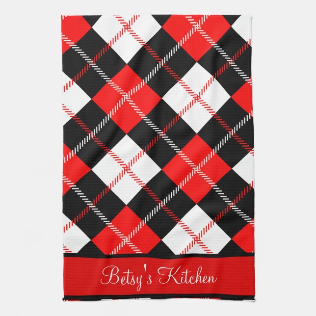 Personalized Red Black White Argyle Plaid  Kitchen Towel (Vertical)
