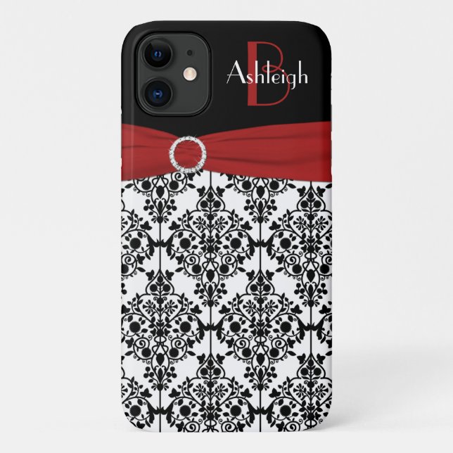 Personalized Red Black White Damask iPhone 11 Case (Back)