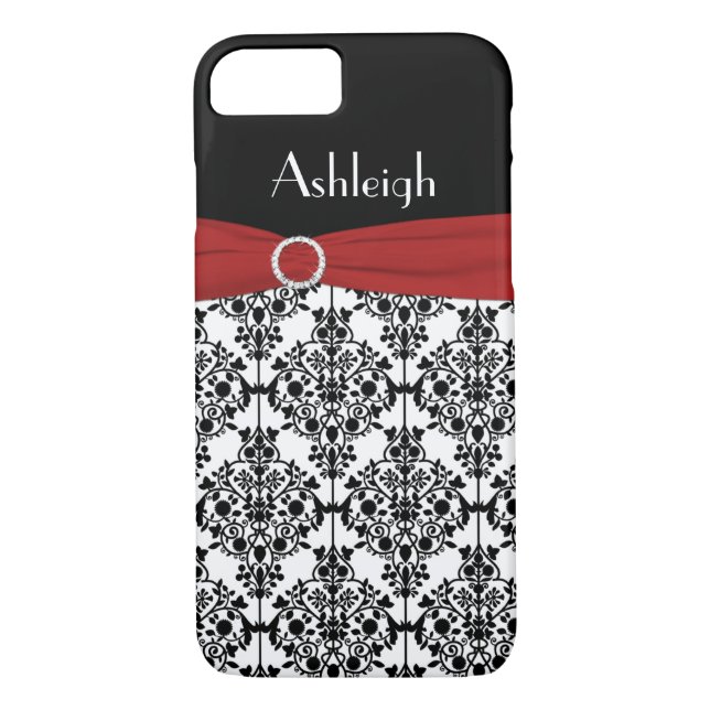 Personalized Red Black White Damask iPhone 7 Case (Back)