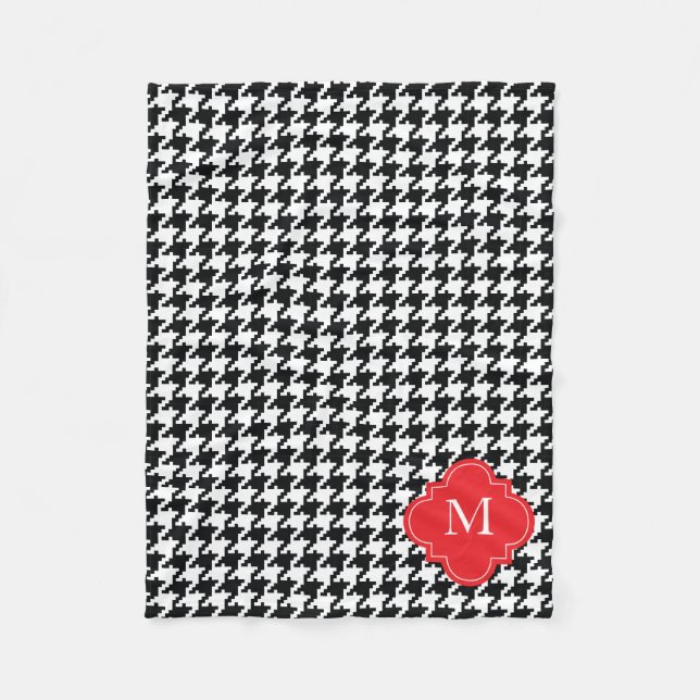 Personalized Red Black White Houndstooth Pattern Fleece Blanket (Front)