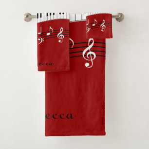 Personalized Red Black White Piano Keys Bath Towel Set