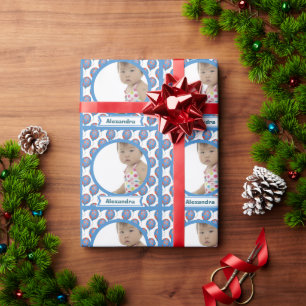 Personalized Red Blue Baby Photo Wrapping Paper