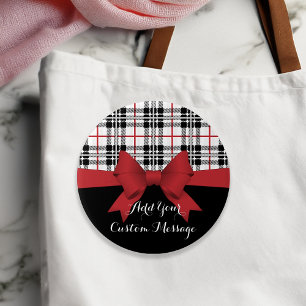 Personalized Red Bow Ribbon Black Tartan Plaid 3 Inch Round Button