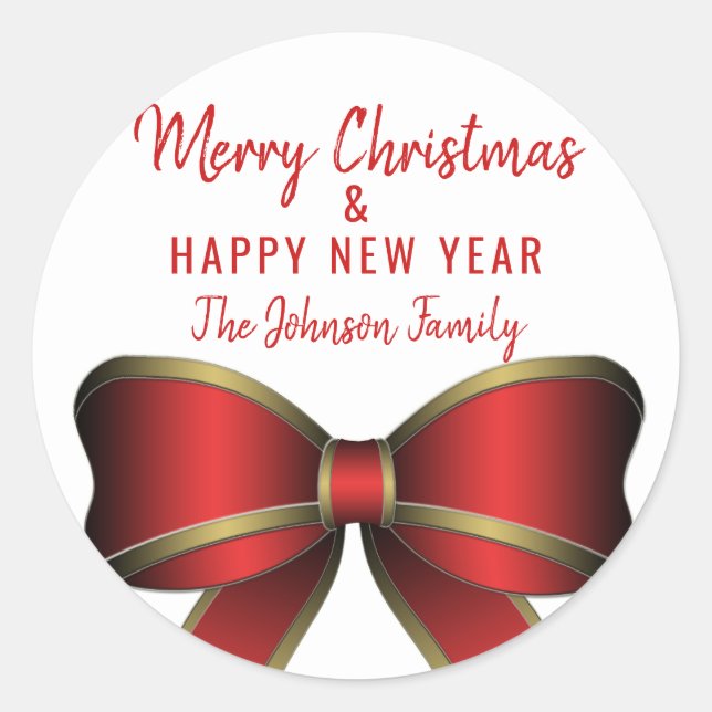 Personalized Red Bow White MERRY CHRISTMAS Tree Classic Round Sticker (Front)