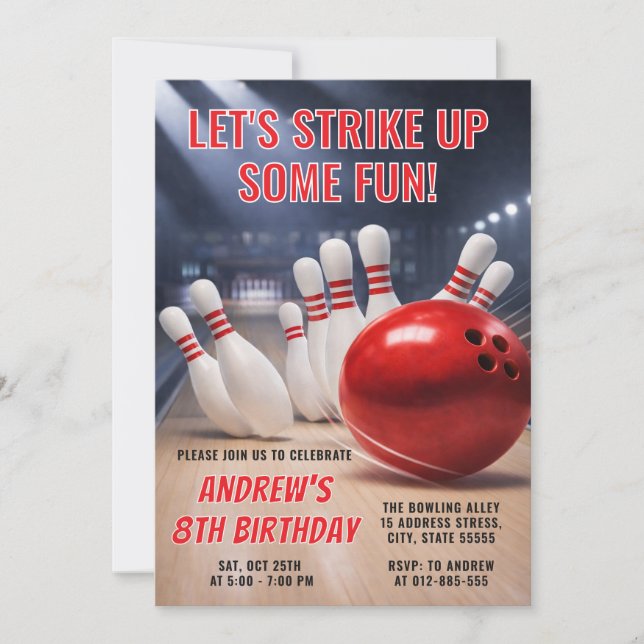 Personalized RED Bowling birthday Invitation (Front)