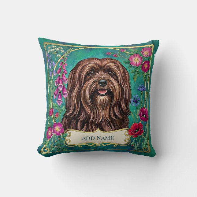 Personalized Red Brown Lhasa Apso Floral Cushion (Front)