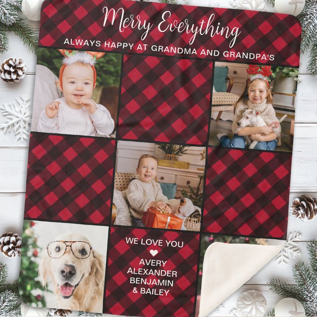 Personalized Red Buffalo Plaid 5 Photo Collage Sherpa Blanket (Creator Uploaded)