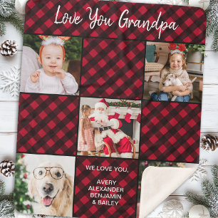 Personalized Red Buffalo Plaid 5 Photo Collage Sherpa Blanket