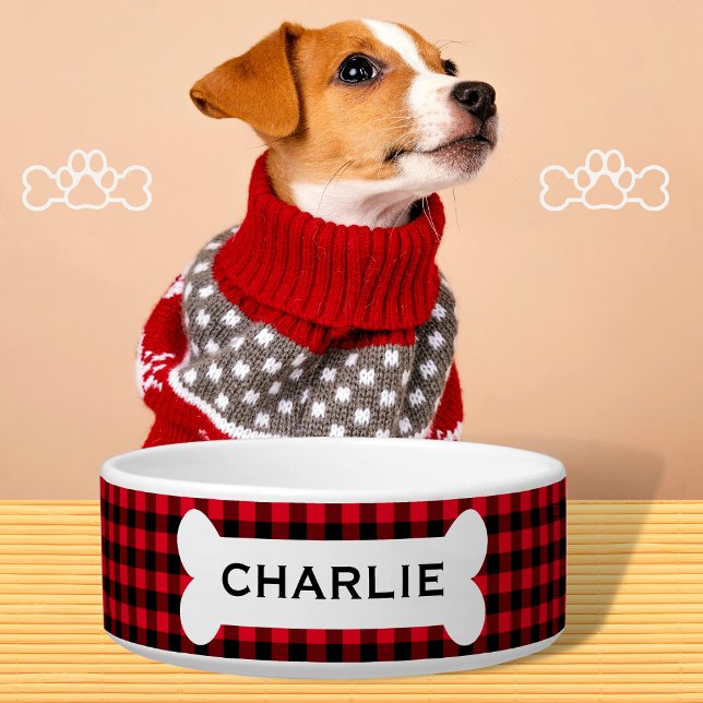 Personalized Red Buffalo Plaid Dog Bone Name Bowl (Creator Uploaded)