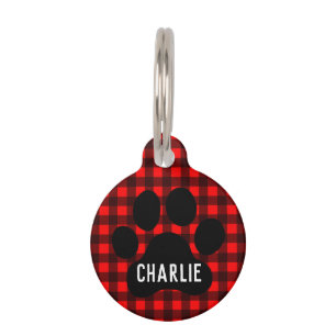 Personalized Red Buffalo Plaid Dog ID Tag