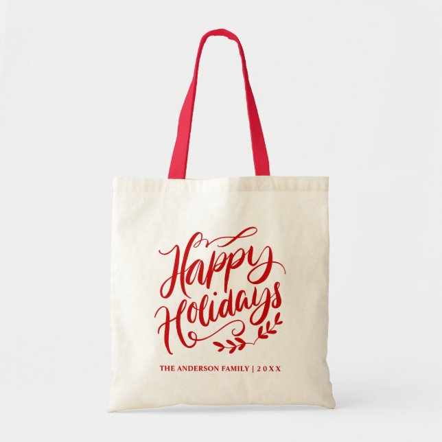 Personalized Red Calligraphy Happy Holidays Tote Bag (Front)