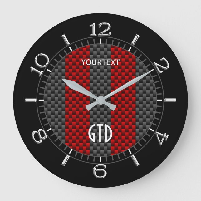 Personalized Red Carbon Style Racing Stripes on a Large Clock (Front)