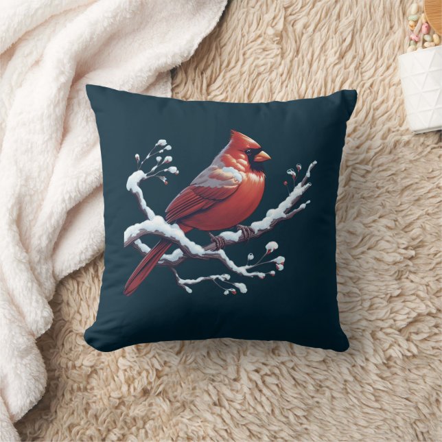Personalized Red Cardinal Bird Snowy Tree Branch  Throw Pillow (Blanket)