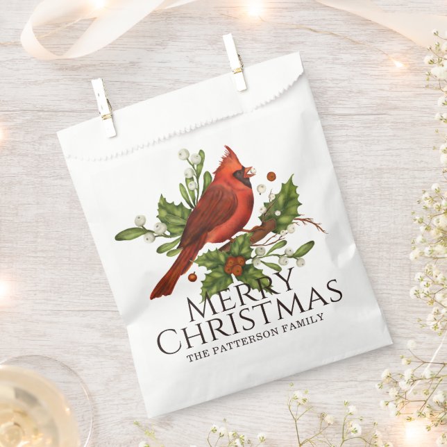 Personalized Red Cardinal Holly Christmas Favour Bag (Clipped)