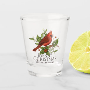 Personalized Red Cardinal Holly Christmas Shot Glass