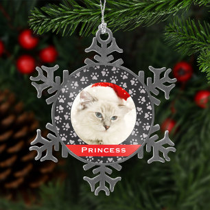 Personalized Red Cat Pet Photo Snowflake Pewter Christmas Ornament