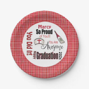 Personalized Red Check Nurse Graduation Paper Plate