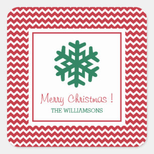Personalized Red Chevron Snowflake Merry Christmas Square Sticker