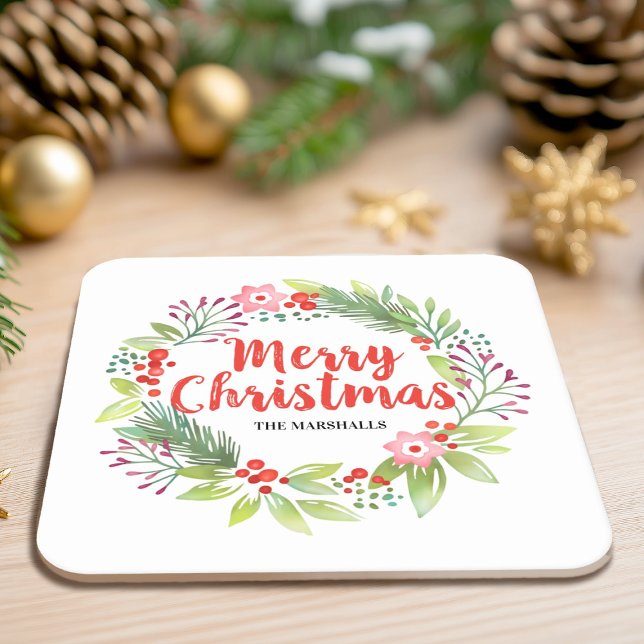 Personalized Red Christmas Square Paper Coaster (A pretty watercolor wreath paper Christmas Coaster, for your holiday party)