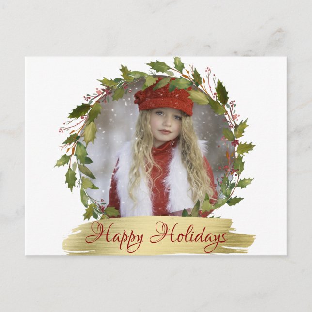 Personalized Red Christmas Wreath Holly | PHOTO Holiday Postcard (Front)