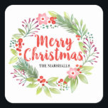 Personalized Red Christmas Wreath Square Sticker<br><div class="desc">An elegant decorative Christmas holiday wreath square sticker. Personalize it with your family name. A pretty decoration for your Christmas gifts. Designed for you by Blackberry Boulevard.</div>