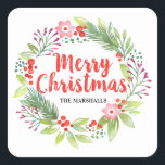 Personalized Red Christmas Wreath Square Sticker<br><div class="desc">An elegant decorative Christmas holiday wreath square sticker. Personalize it with your family name. A pretty decoration for your Christmas gifts. Designed for you by Blackberry Boulevard.</div>