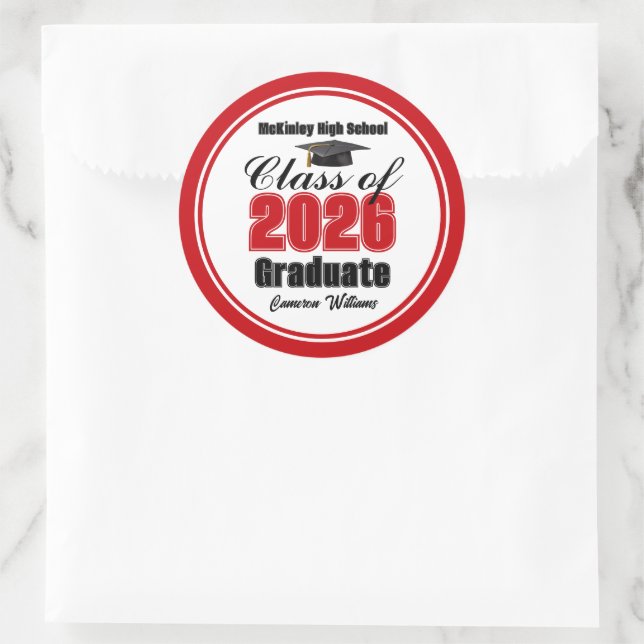 Personalized Red Class of 2026 Graduation Party Classic Round Sticker (Bag)
