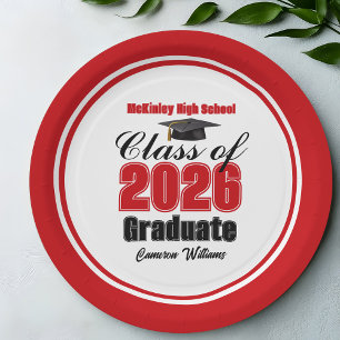 Personalized Red Class of 2026 Graduation Party Paper Plate