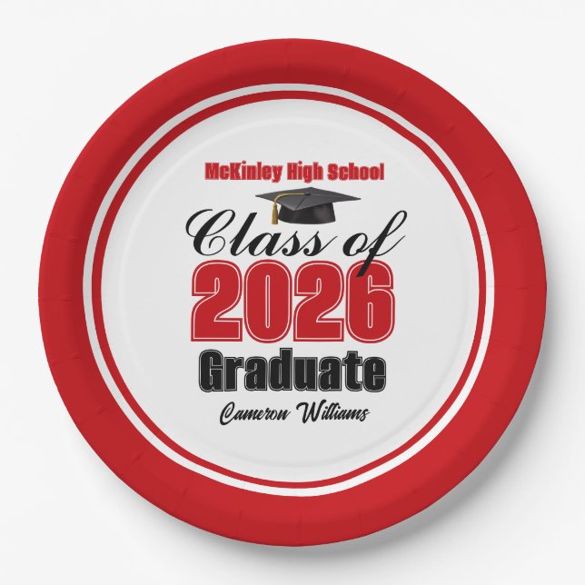 Personalized Red Class of 2026 Graduation Party Paper Plate (Front)